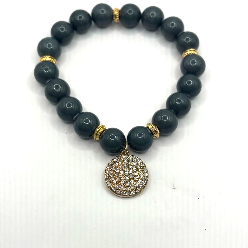 Elegant Gold and Smokey Gray Glass Beaded Stretch Bracelet